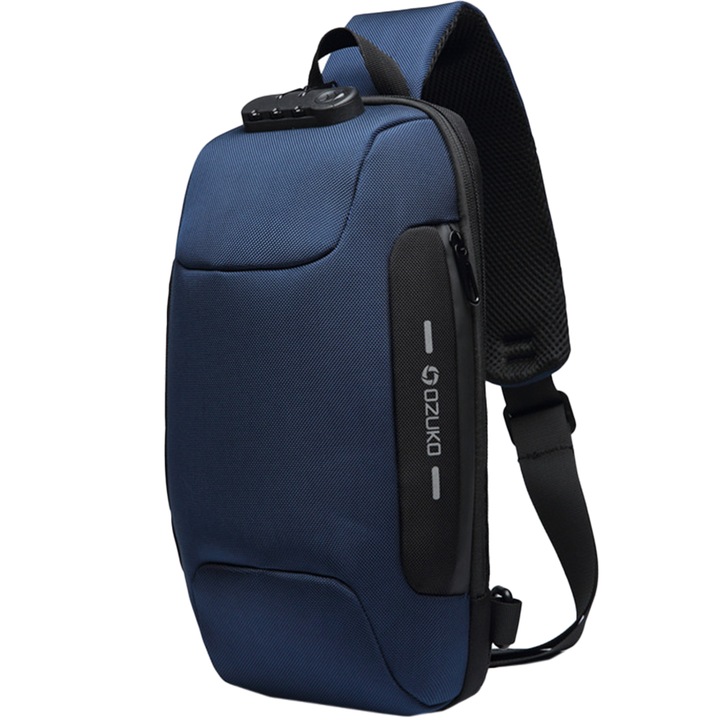 Rucsac crossbody unisex, din poliester rezistent la apa, design nou cu port USB lacat TSA, buzunar anti furt, OZUKO OZ9223NY Albastru