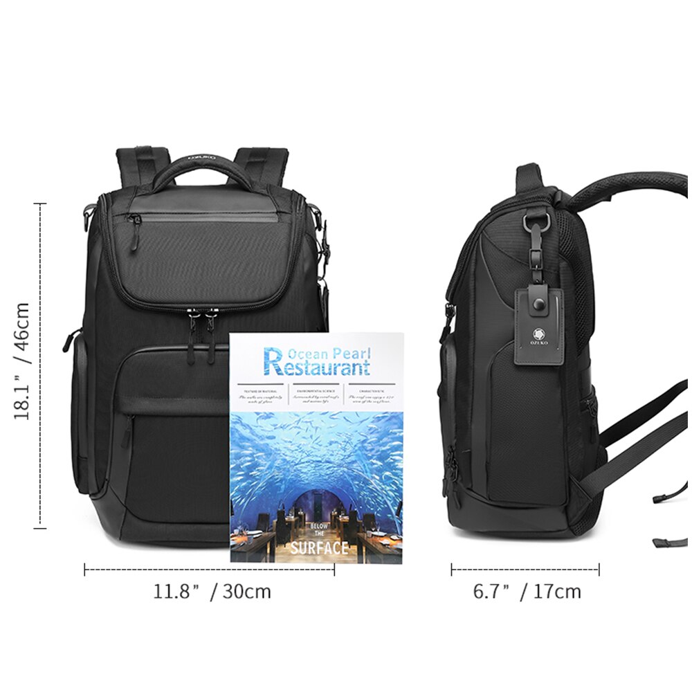 Rucsac laptop 15,6 inch, multifunctional, rezistent la stropi de apa, sistem fixare pe valiza, buzunar antifurt, buzunare multiple, OZUKO, OZ9409BK, Negru