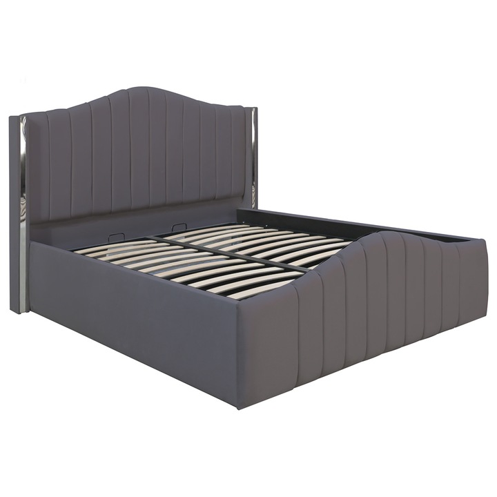 Pat dublu tapitat Alaska, 120/200 cm, gri inchis cu benzi argintii, cu somiera metalica rabatabila si spatiu de depozitare