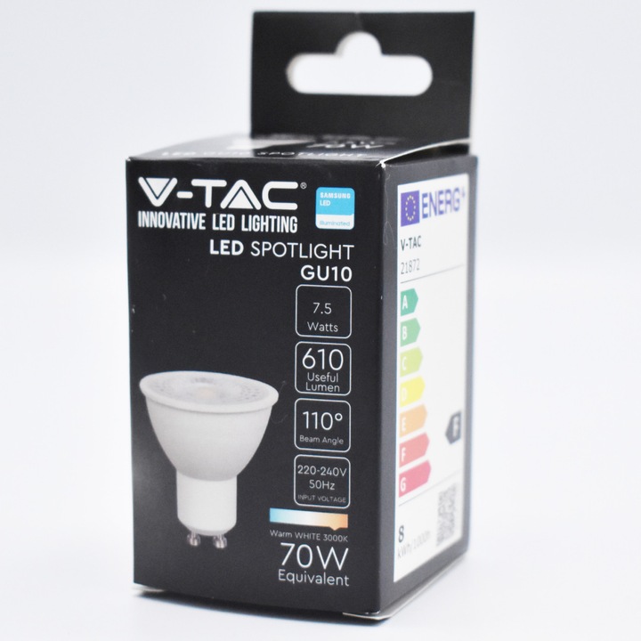 LED крушка GU10 7.5W (70W) чип Samsung, 610 lm, 110 градуса, топла светлина (3000K), V-TAC