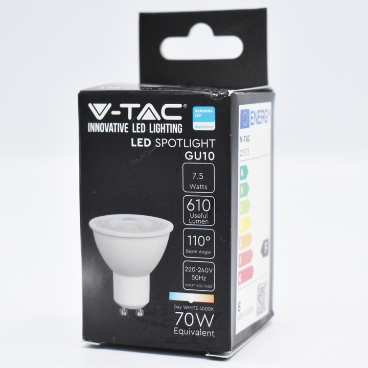 Led крушка GU10 7.5W (70W) чип Samsung, 610 lm, 110 градуса, неутрална светлина (4000K), V-TAC