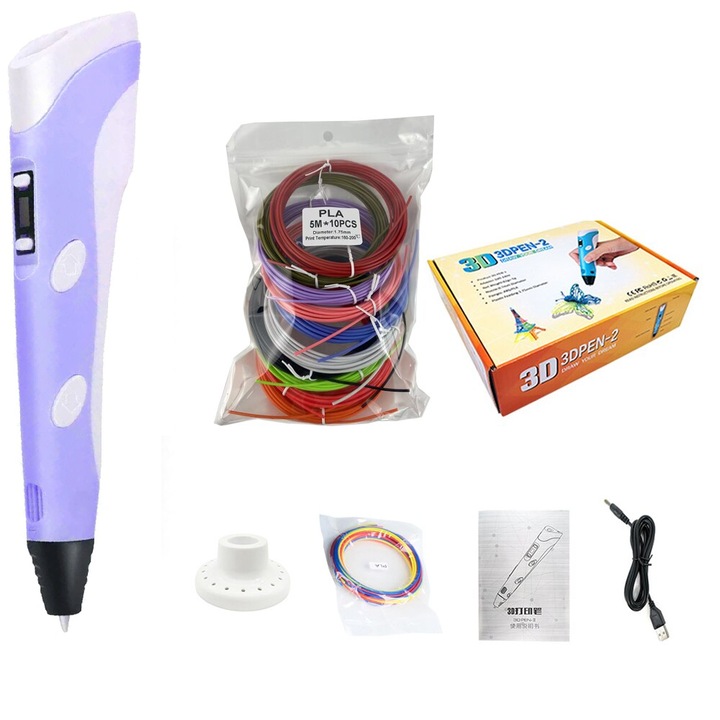3D молив с LCD дисплей, PLA нишка 1,75 mm, включени консумативи за нишки, 50 метра PLA, бяло/лилаво