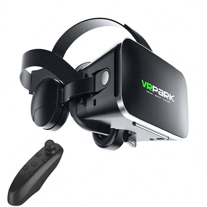 Очила за виртуална реалност VR с вградени слушалки и микрофон, VR PARK®, подходящи за филми 3D, игри, образование във виртуална реалност, 360° панорамна гледка, 3D звук, за смартфони с размери от 4.7 до 6.7 инча, съвместими с Android/iOS, Bluetooth