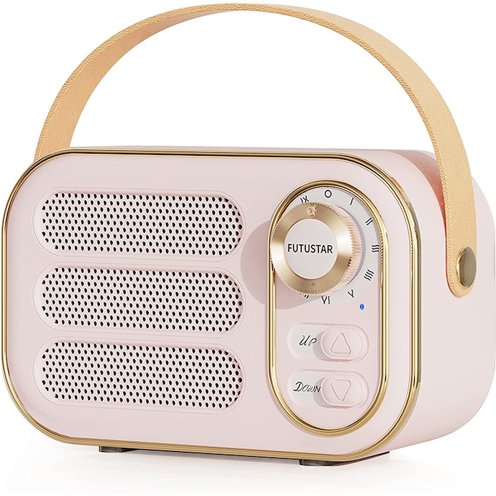 Soundvox DW13BT retro hordozható mini rádió, beépített akkumulátor, Bluetooth, AUX, USB, TF kártya, rózsaszín