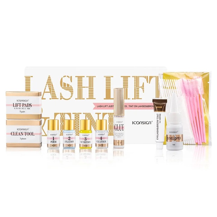 Szempilla és szemöldök laminálására és festésére szolgáló készlet, Iconsing, Barna, Professzionális, 10 részes