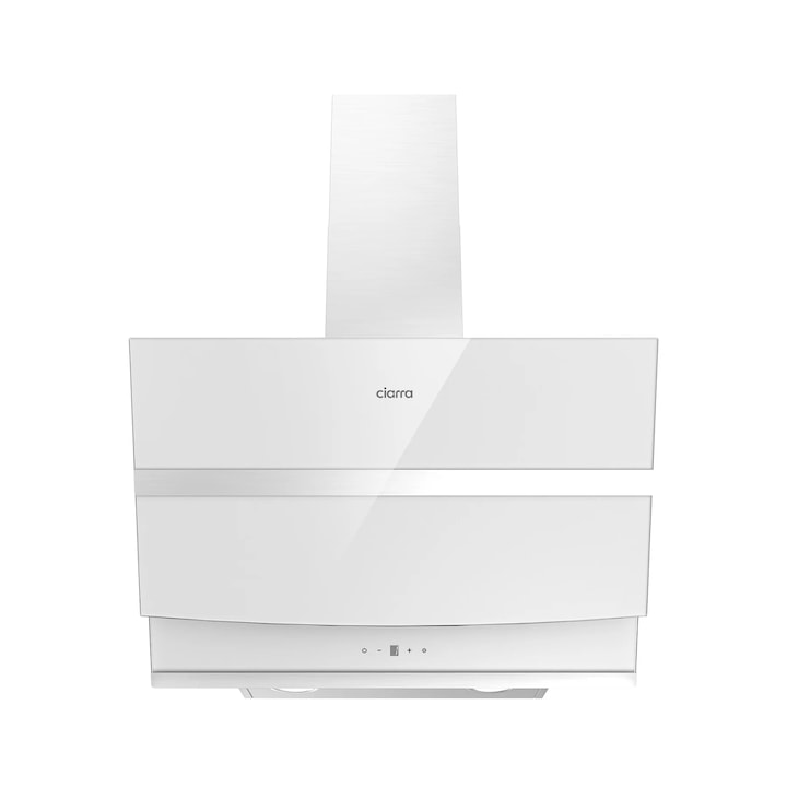 Вертикален аспиратор Ciarra, CBCW6736N-OW, 60 cm, 650 m³/h, клас A++, ниска консумация, рециркулация на въздуха и изпускане, миещ се филтър за мазнини, въглероден филтър, 4 нива на мощност, сензорен контролен панел, включен монтажен комплект, бял