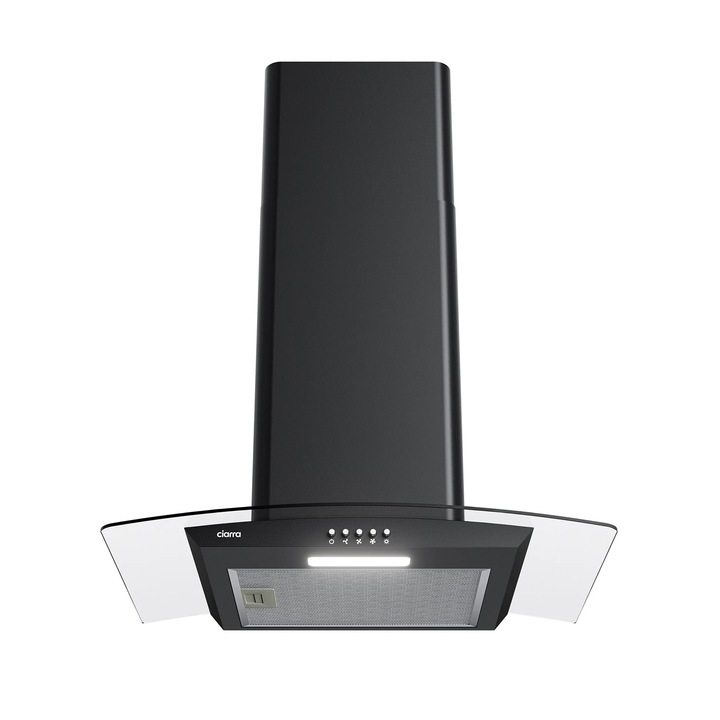 Стенен аспиратор Ciarra, CBCB6506B-OW, 60 cm, 3 нива на мощност, 650 m³/h, въглероден филтър, режим на рециркулация и изпускане, LED светлини, миещ се филтър за мазнини, включен монтажен комплект, черен