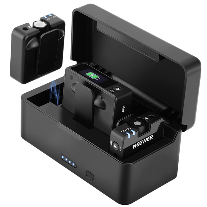 Microfon lavaliera wireless 2.4G, cu incarcator wireless, reducere zgomot DSP, cu display, compatibil cu iPhone, iPad, camera, Android, laptop, 20 de ore