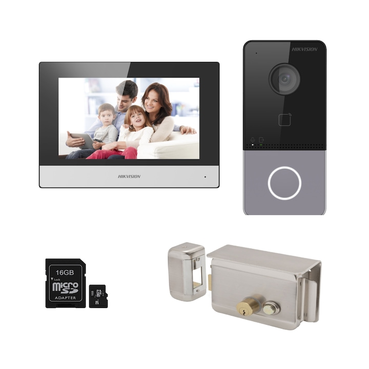 Kit videointerfon IP WiFi Hikvision cu Yala electromagnetica si SD Card, 2 MP, 7 inch, aparent, aplicatie pe telefon