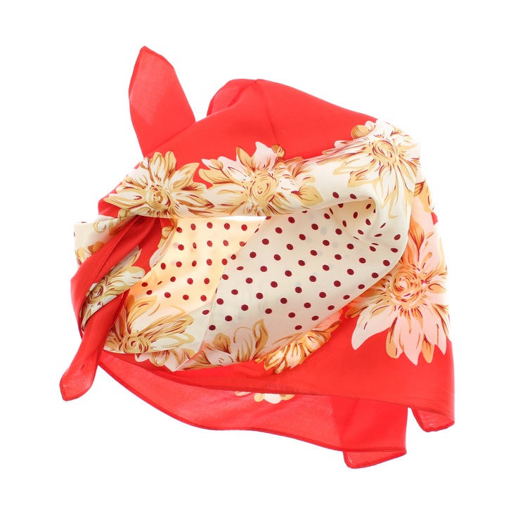 Batic dama, Buticcochet, dimensiune 60x60 cm, 60% poliester 40% matase, model cu flori si buline, Rosu - ES1876