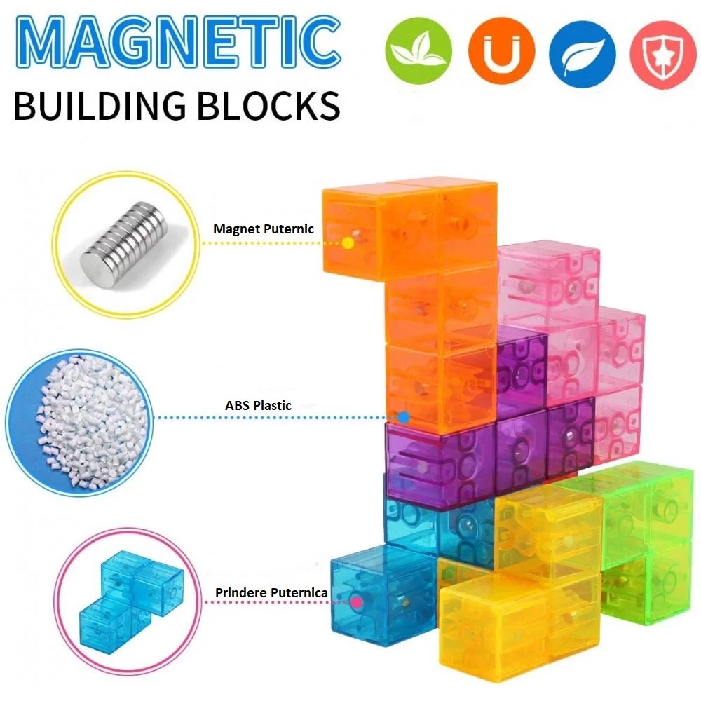 Blocks Cub Cub magnetic Magic 3D, set Blocuri de constructie STEM, cu 7 blocuri ...