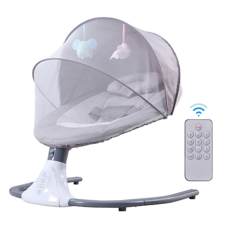 Leagan Electric Multifunctional Pentru Bebelusi, VisionHub®, Conexiune Bluetooth, Telecomanda, Reglabil cu 4 viteze, Jucarii si Melodii, Balansoar Copii cu Acoperis Rabatabil si Plasa Protectie Tantari, Gri