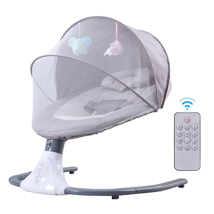 Многофункционална електрическа бебешка люлка, VisionHub, Bluetooth връзка, Дистанционно управление, Регулируема с 4 скорости, Играчки и песни, Детска люлка със сгъваем покрив и мрежа против комари, Gr