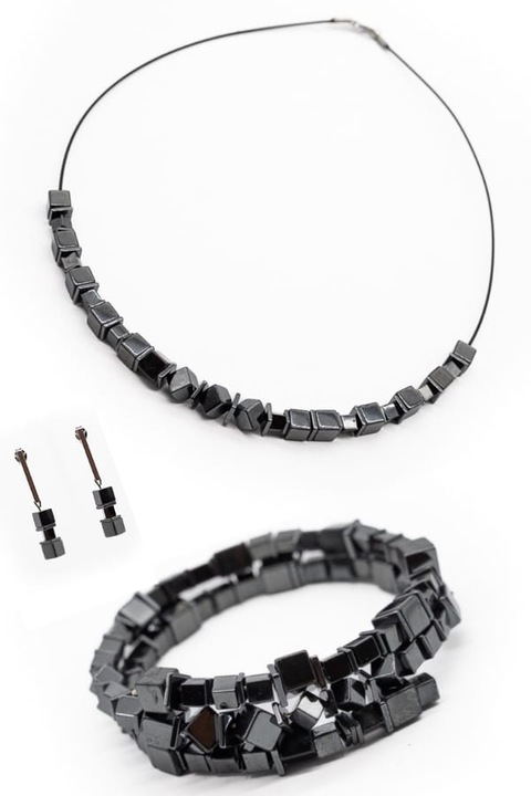 Set Bijuterii, UNICAT, Ma Bijoux, Black Shine 4, Colier/Bratara/Cercei, Pietre semipretioase Hematit, Negru Metalizat