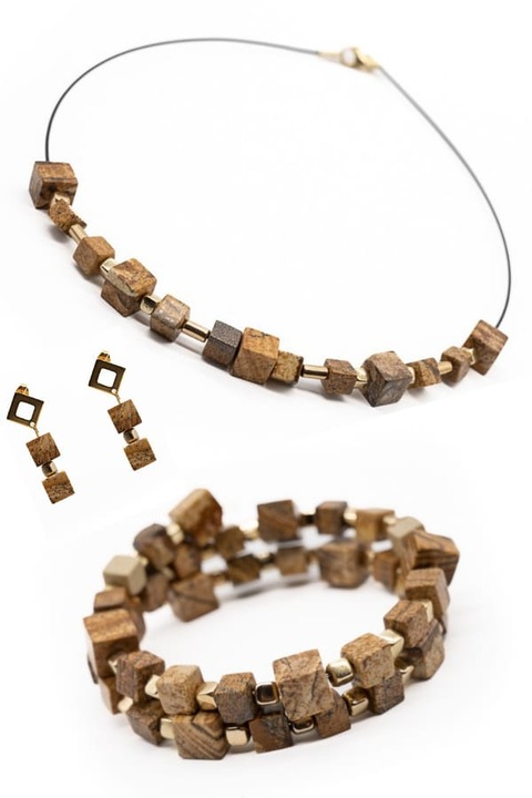 Set Bijuterii, UNICAT, Ma Bijoux, Picture Stone, Colier/Bratara/Cercei, Pietre semipretioase Picture Jasper, Bej