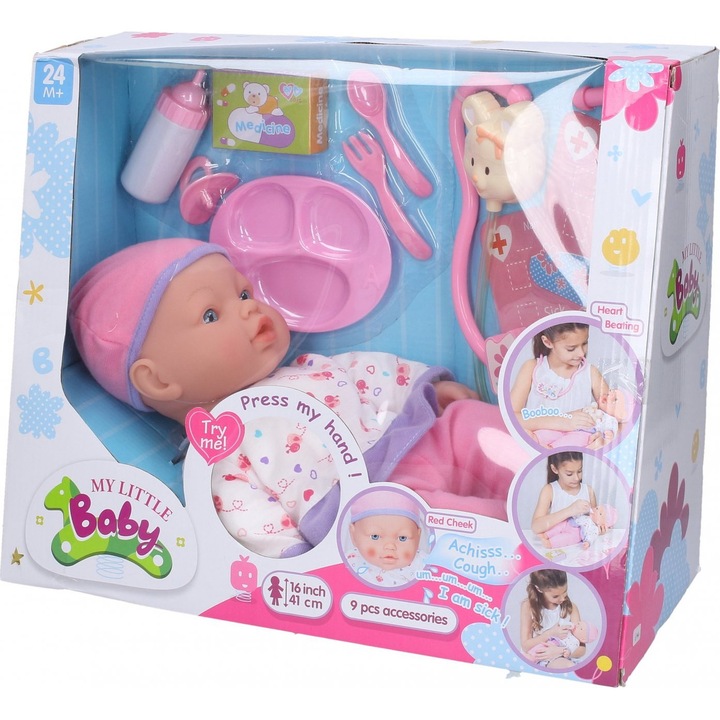 Set bebelus bolnav My Little Baby, Puzzle, Cu sunete, 9 accesorii, 41 cm, Multicolor