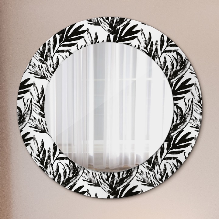 Fali tükör, Tulup, kerek, Monstera, kerettel, Fekete, Ø50 cm, 010090550080300013279