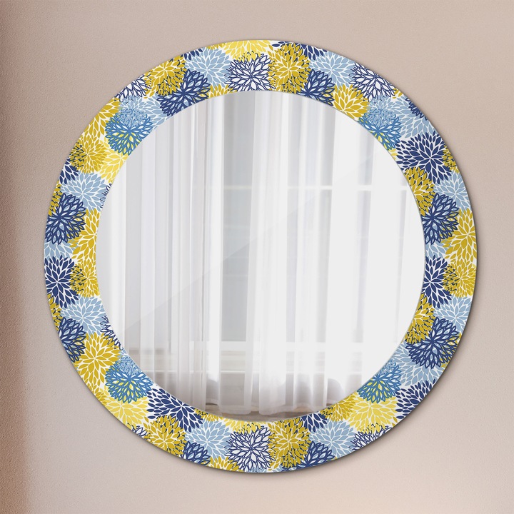 Oglinda Decorativa de Perete, Tulup, Flori Albastre, Rotunda, Maro, rama, Ø60 cm, 010090550090300029902