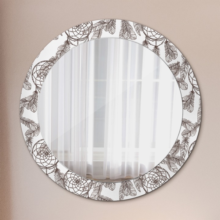 Fali tükör, Tulup, kerek, Álomfogó Tollak, kerettel, Szürke, Ø70 cm, 010090550100300012786