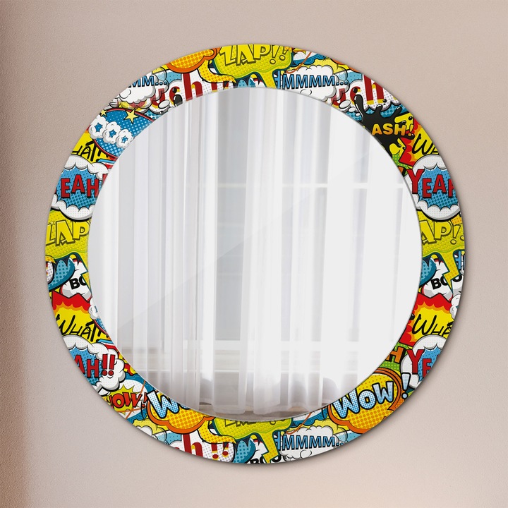 Fali tükör, Tulup, kerek, Képregény Stílusú Minta, kerettel, Fekete, Ø70 cm, 010090550100300072568