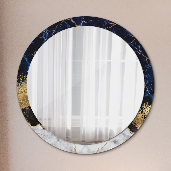 Fali tükör, Tulup, kerek, Kék Márvány, kerettel, Fekete, Ø100 cm, 010090550130300020923