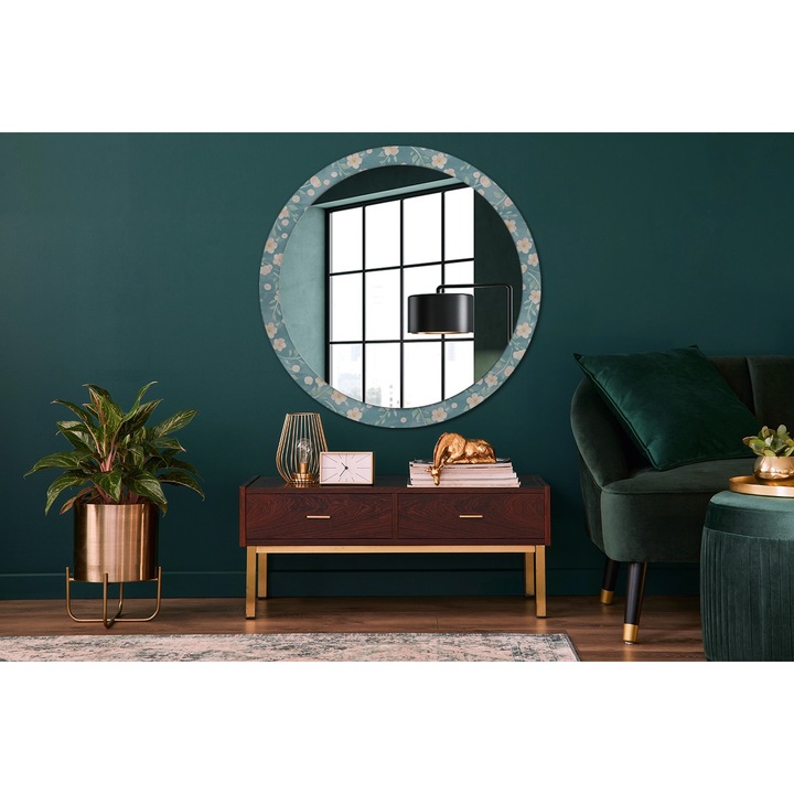 Fali tükör, Wallfluent, Virágmintás, Kerek, Kék, Ø100 cm, 010090550130300029446