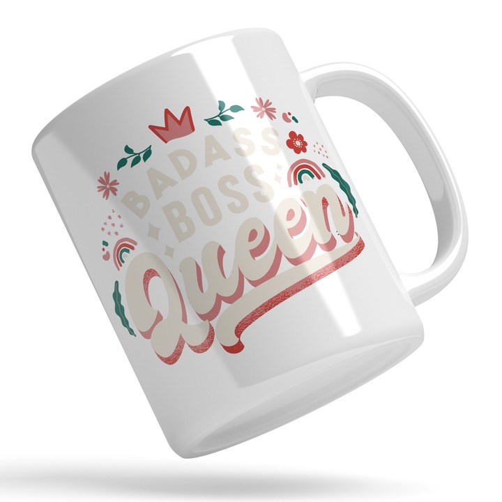 Cana Personalizata Badass Boss Queen, Ceramica, 330 ml, Alb, Abastru