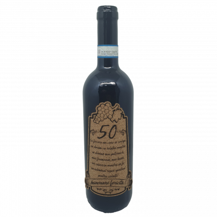 Sticla cu vin personalizata cu mesaj, aniversare fericita 50 de ani, rosu predellea abruzzo, sec, 12.5% alc