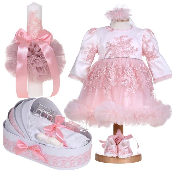Set botez, rochita botez cu volanas, 3 piese, 1 - 3 luni, trusou botez si lumanare, decor dantela roz, Denikos® C1148