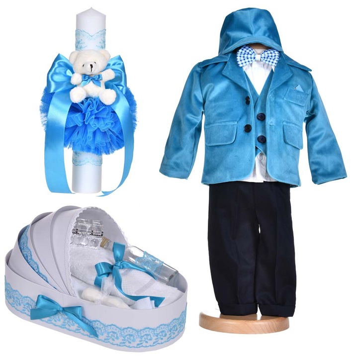 Set botez, costum botez baiat, 5 piese, 1 - 3 luni, trusou botez si lumanare, decor turcoaz, Denikos® C1133
