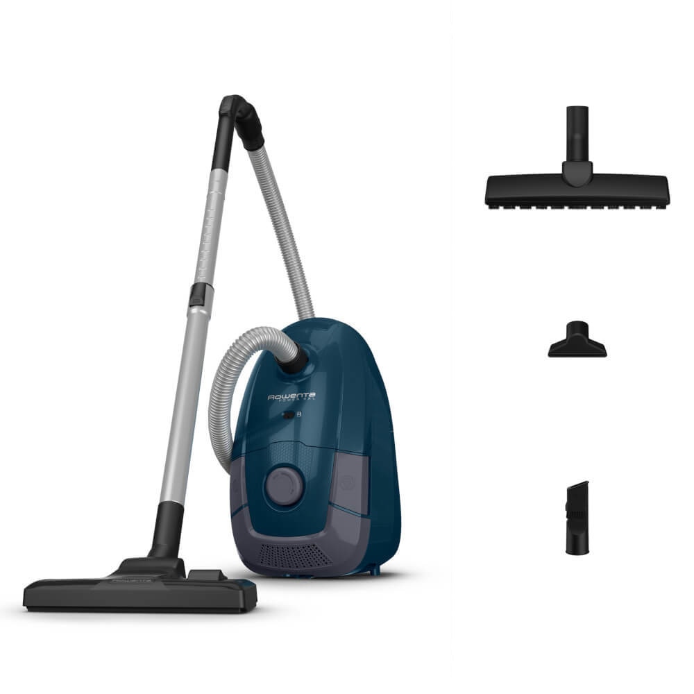 Aspirator cu sac Rowenta Power XXL Parquet Kit RO3126EA, 4.5 L, 900 W, sac Hygiene+, perie pentru parchet, tub telescopic din metal, albastru & negru