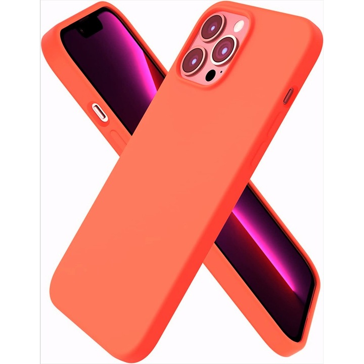 Husa de protectie compatibila cu iPhone 14 Pro, Coral, Liquid Silicone, Ultra Slim, protectie din microfibra la interior