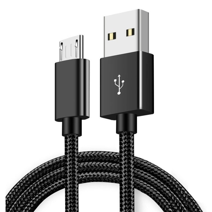 Adat- és Tápkábel, MicroUSB/USB csatlakozó, 1 méter, 2.1A gyorstöltés, textil bevonat, fekete