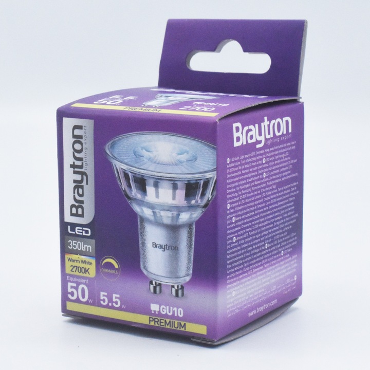 Led крушка GU10 5.5W (50W), 38 градуса, 350 lm, димируема, топла светлина (2700K), Braytron