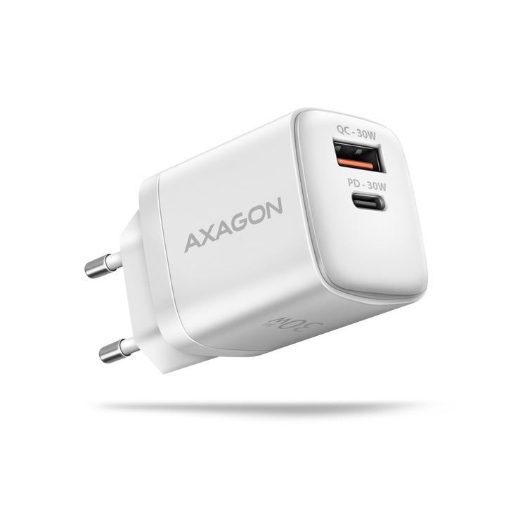 Axagon ACU-PQ30W PD & QC fali USB töltő, 30W, USB-A és USB-C, PD, fehér