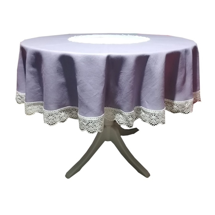 Fata de masa rotunda 160 cm, Casa Bucuriei, model Romantic, mov/alb