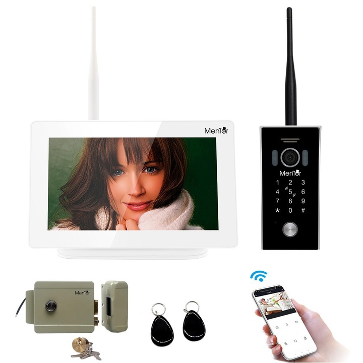 Комплект за наблюдение Intercom Smart Mentor SYKT001, WiFi, 1000м, TouchMonitor Intercom Yala достъп, 7", 1.3MP, HD 2хMicroSD, InfraRed сензор за движение, Микрофон, Гласово управление чрез Apple HomeKit Siri Alexa и Google Assistant