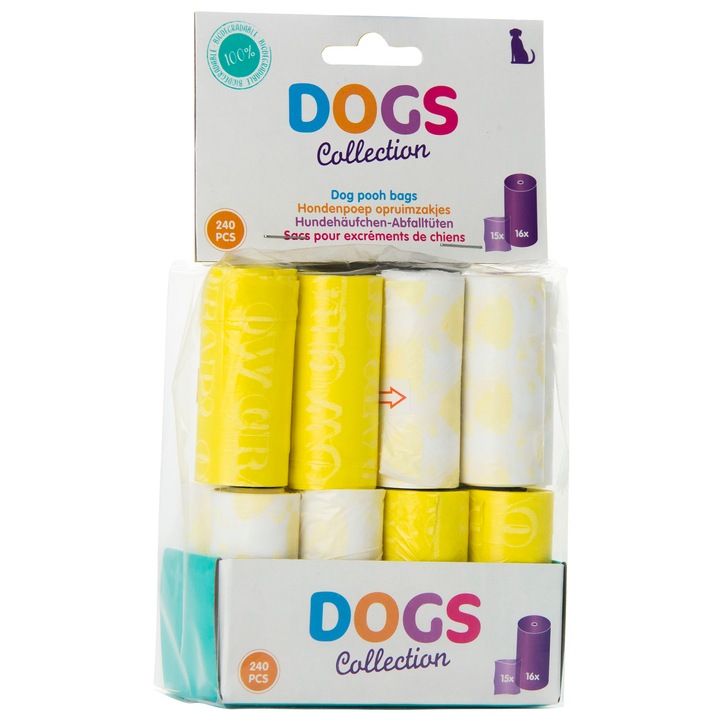Set 240 Pungi Igienice Pentru Caini, 16 Role X 15 Bucati, Nobleza, 100 % Biodegradabile, Galben, 30 X 23 Cm