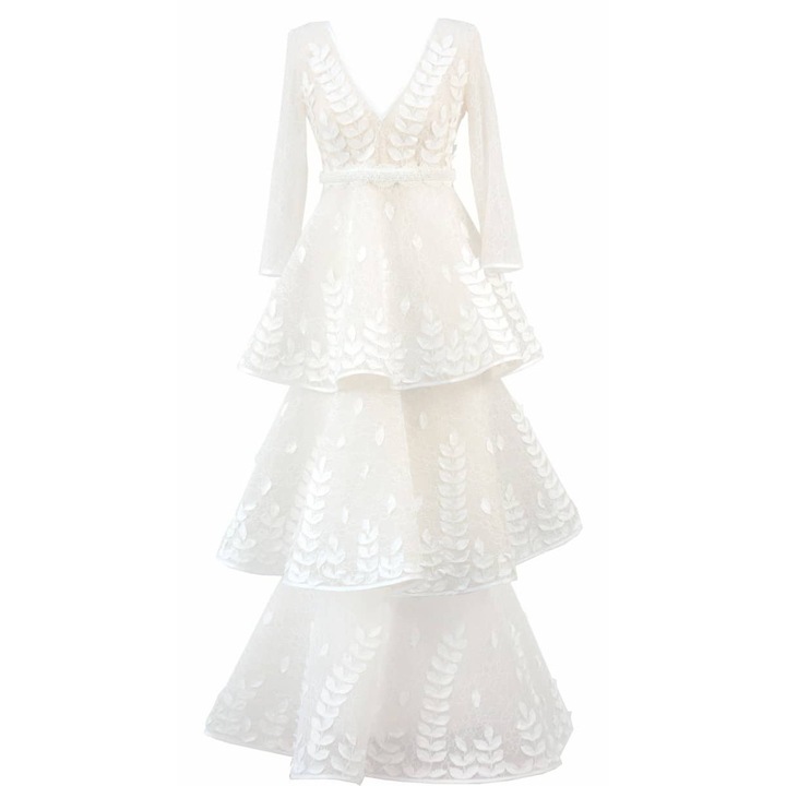 Rochie de miseara alba cu volane, dantela si broderie Selene - 38