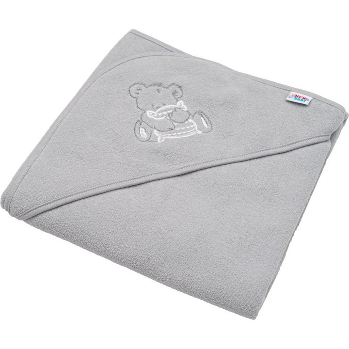 Prosop pentru copii cu broderie si gluga, Puzzle, Cu ursulet, 80 x 80 cm, Gri