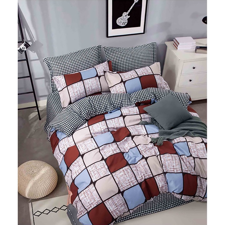 Спално бельо за един човек с еластична покривка и правоъгълна калъфка за възглавница Dion, мерсеризиран памук, многоцветно, 90 х 200 см