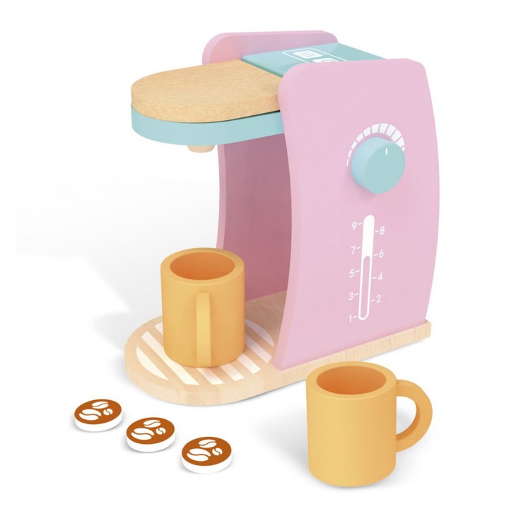 Filtru de cafea din lemn pastel cu cesti, jucarie pentru copii, Leomark