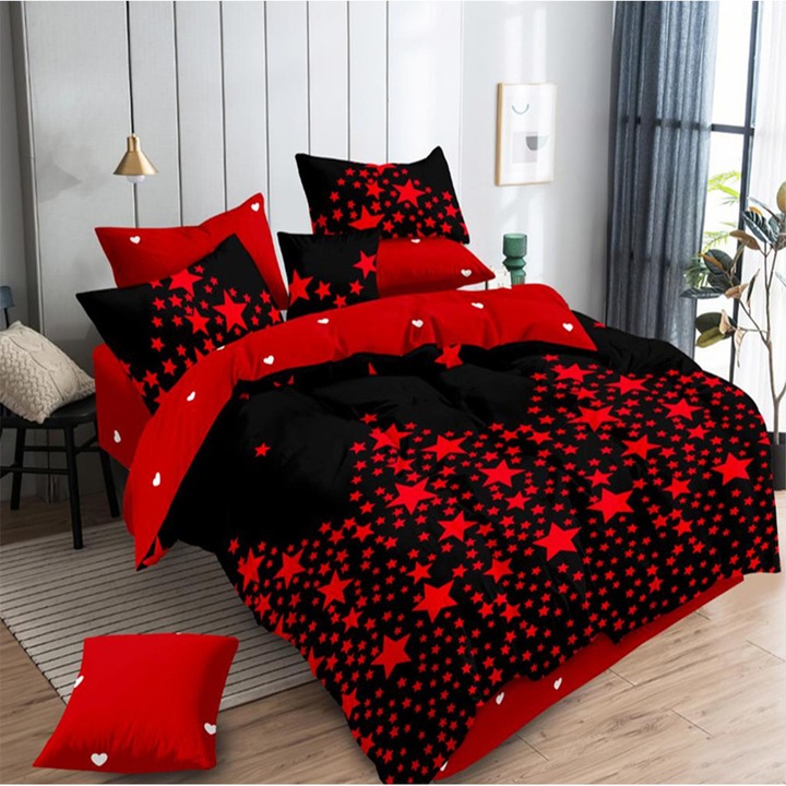 Egyszemélyes ágynemű rugalmas ágytakaróval és 2 négyzet alakú párnahuzattal, Vis, mercerizált pamut, többszínű, 90 x 200 cm