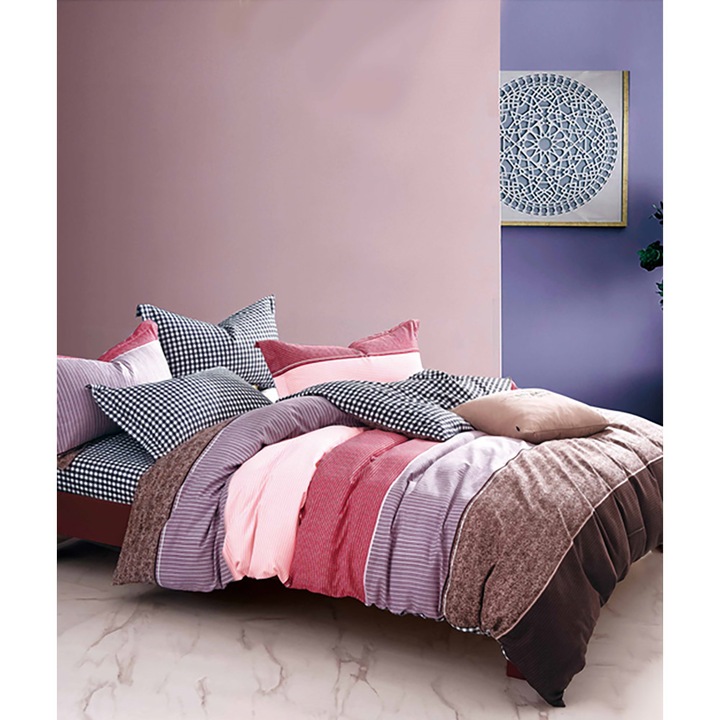 Брачно спално бельо с еластична покривка и квадратна калъфка за възглавница, Zdenka, мерсеризиран памук, многоцветно, 160 х 200 см