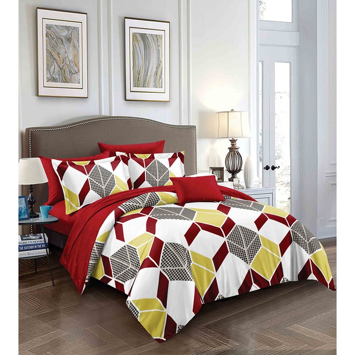 Спално бельо за един човек с квадратна калъфка, сусак, мерсеризиран памук, многоцветно, 140 х 230 см
