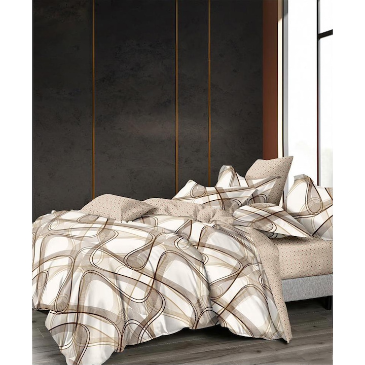 Egyszemélyes ágynemű négyzet alakú párnahuzattal, Brenna, mercerizált pamut, többszínű, 140 x 230 cm