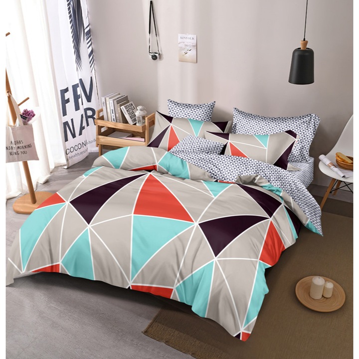 Спално бельо за един човек с еластична покривка и 2 квадратни лица на възглавниците, Lamia, мерсеризиран памук, многоцветно, 90 х 200 см