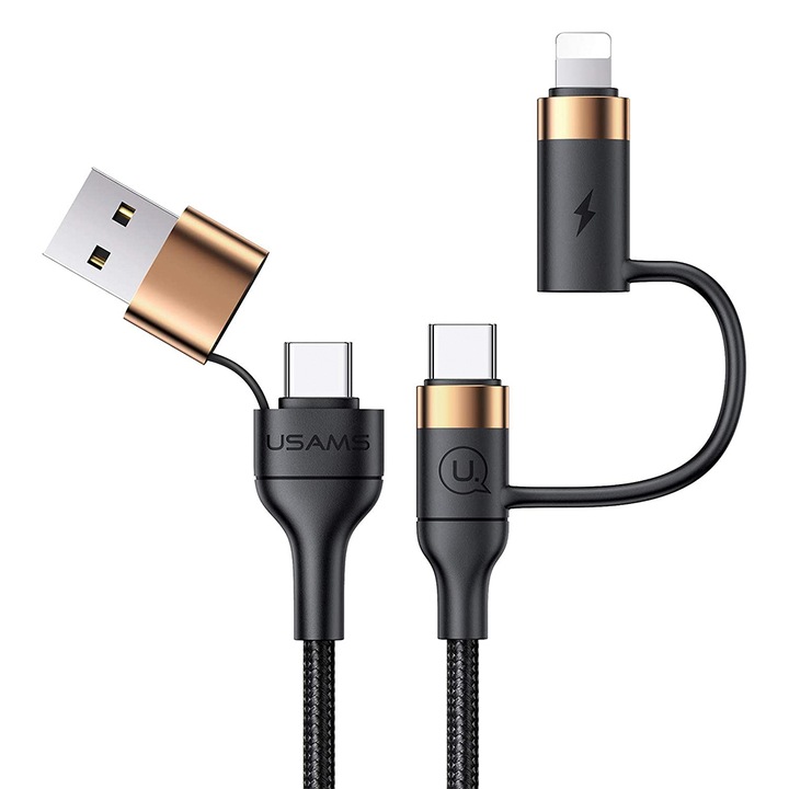 Cablu Date si Incarcare Rapida Usams, 4 in 1, QC 3.0, 60W, USB, USB-C, Lighting, 1.2m, Compatibil iPhone, Samsung, Huawei