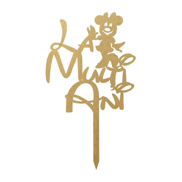 Topper tort La multi ani Minnie, Inedit Print, TC739, Auriu, 10 cm