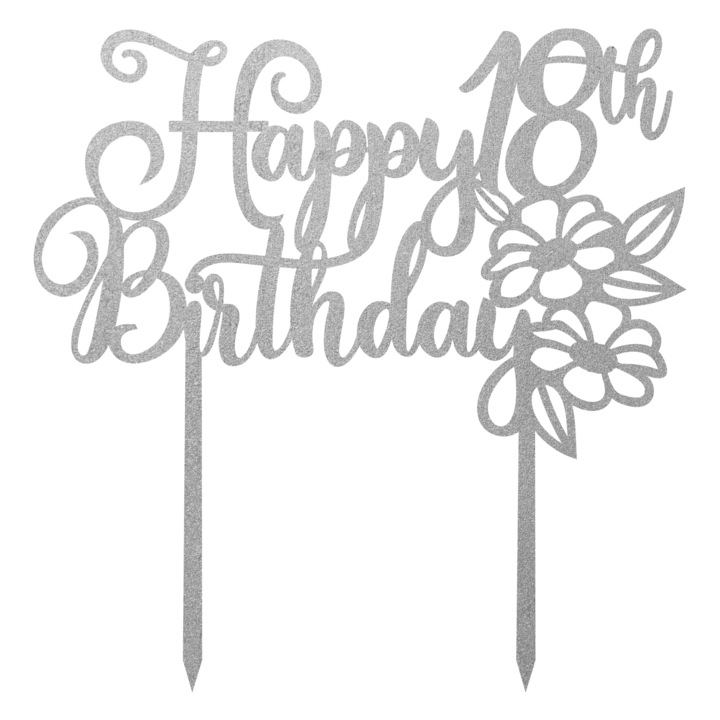 Topper tort Happy Birthday personalizat cu numar, Inedit Print, TC882, Argintiu, 16 cm